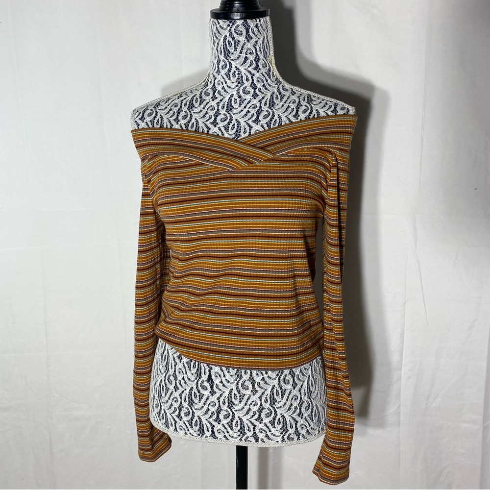 Arizona Jeans Co. Retro Y2K Striped Off Shoulder Long Sleeve Crop Top L